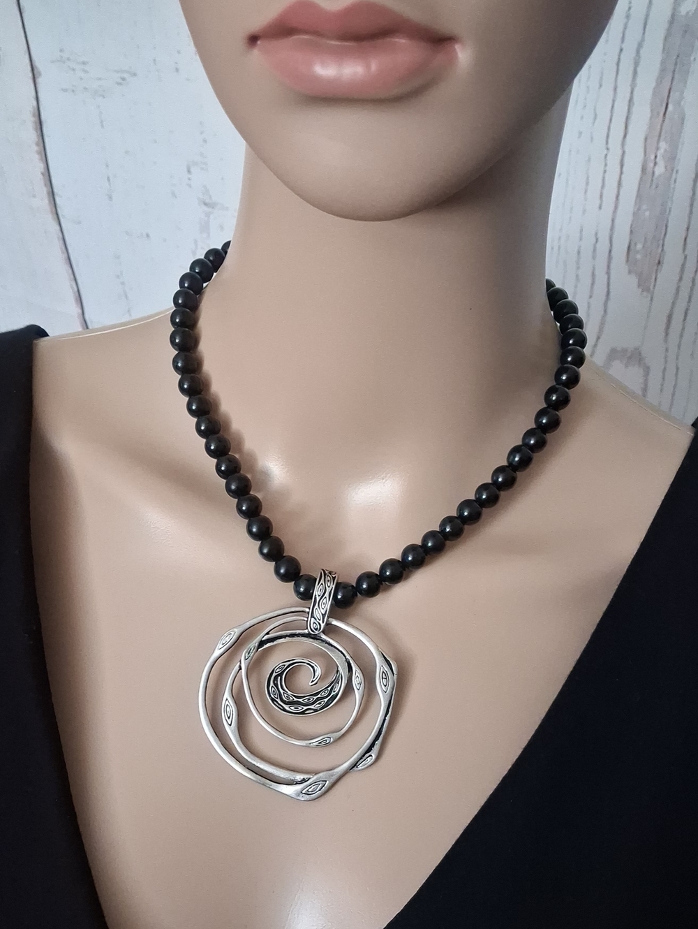 Vintage black bead necklace with a Premier Designs enhancer